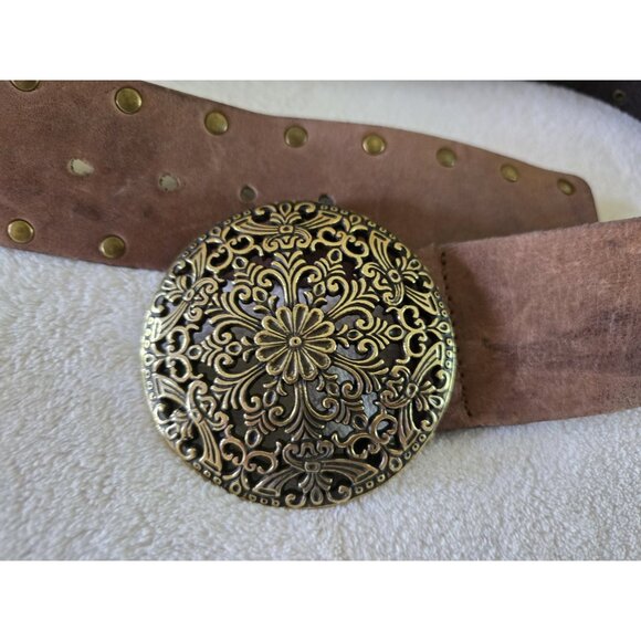 Womens Y2K Vintage Belt Brown Leather Round Brass Medallion Buckle Calvin Klein - Picture 2 of 7